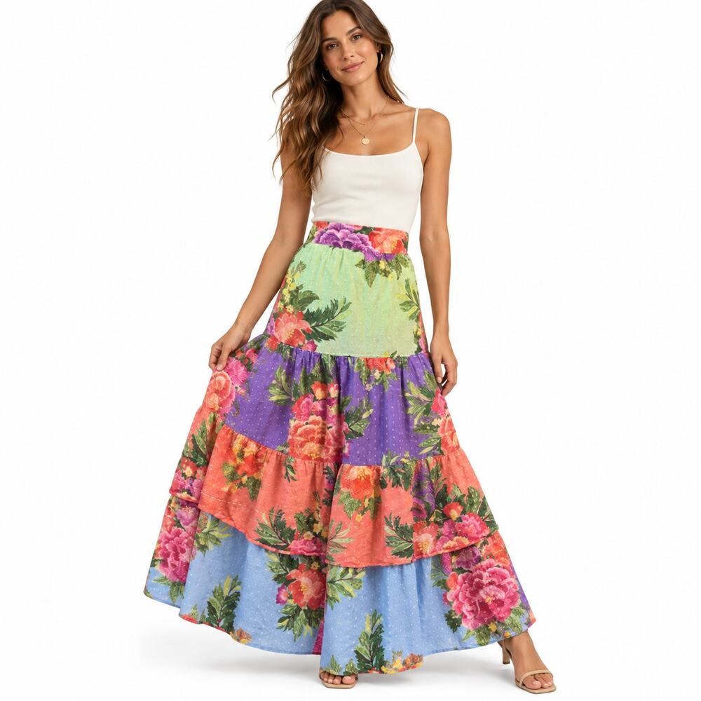 FARM Rio Anthropologie Maxi Skirt Small Floral Tiered Patchwork Boho Colorful